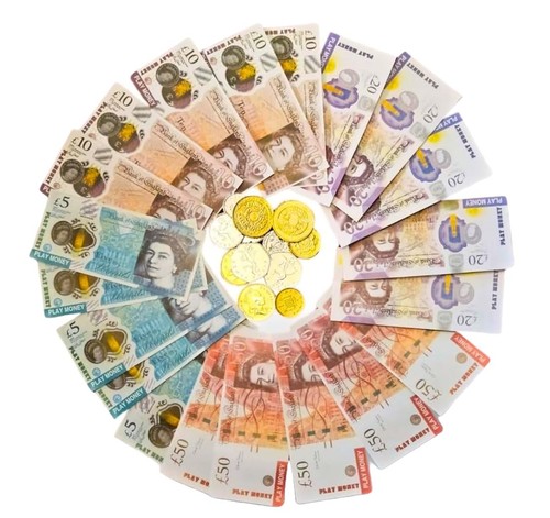 Play money notes and coins - and,