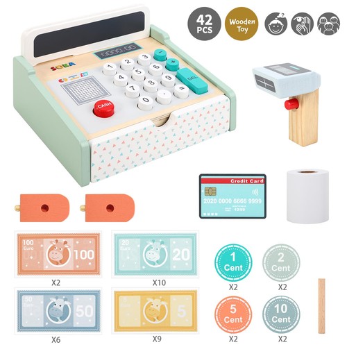 Wooden cash register toy kids - wooden,