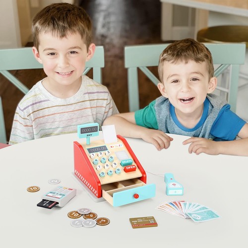 Wooden cash register toy red - cash,